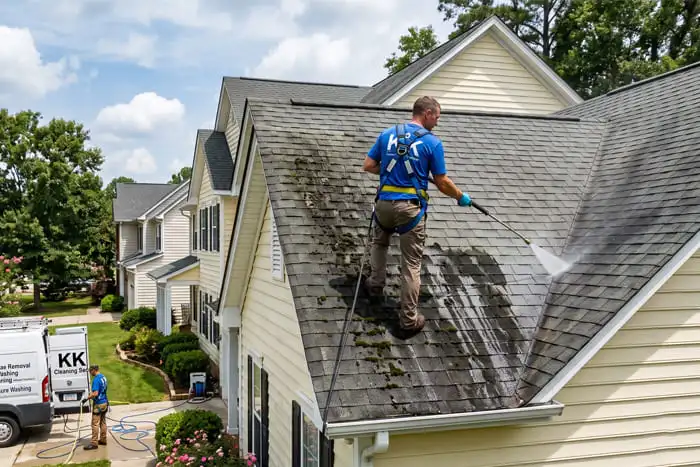 Professional exterior cleaning technician at work on a Melbourne property