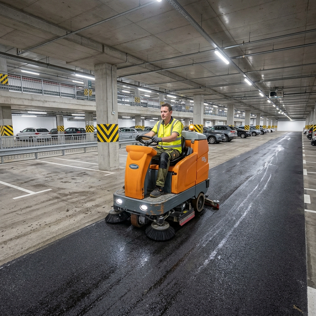 Commercial car park being cleaned with professional equipment