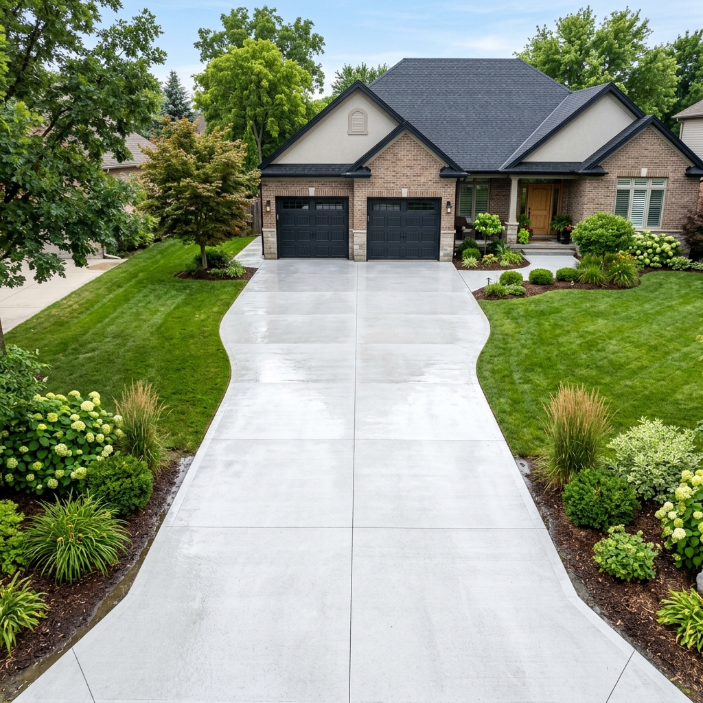 Clean concrete driveway after professional pressure washing