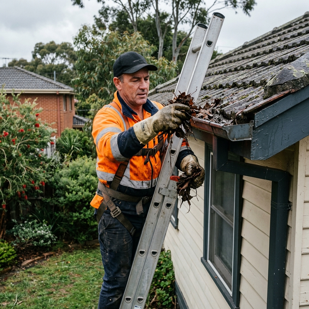 Worker removing debris from residential gutters