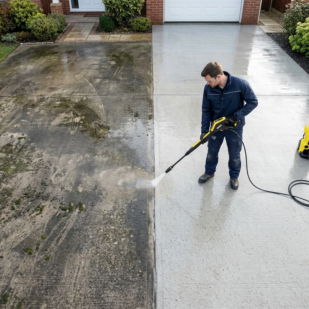 Pressure washing a concrete driveway before and after