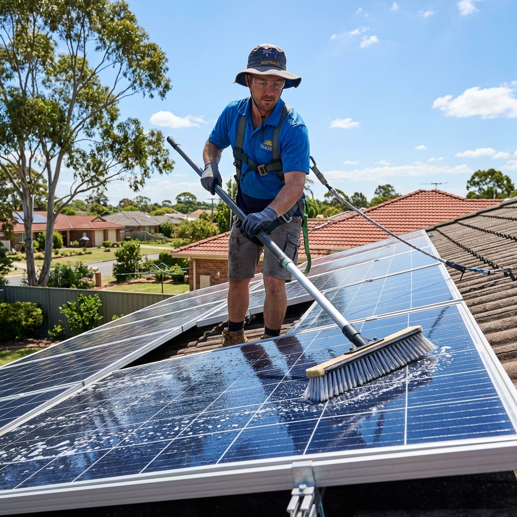 Technician cleaning solar panels on a suburban rooftop