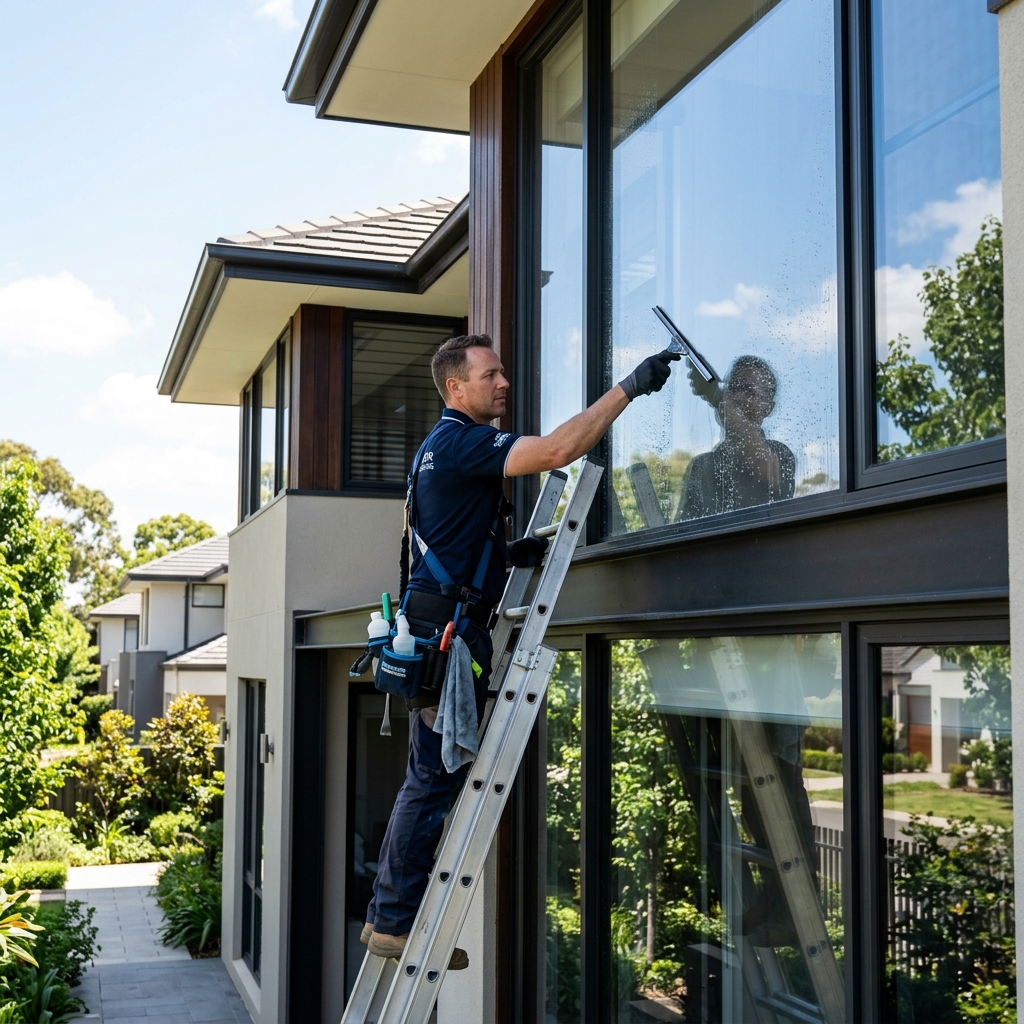 Professional window cleaner on a modern Melbourne home